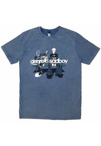 Denim t-shirt in blue featuring a graphic design of two characters sitting on a bench, with bold text reading "genre: sadboy."