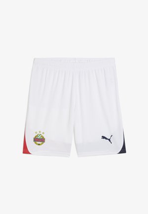 Shorts de sport blancs avec une taille élastique, ornés d'un logo Puma bleu et d'un emblème multicolore Rapid avec des étoiles sur la cuisse gauche.