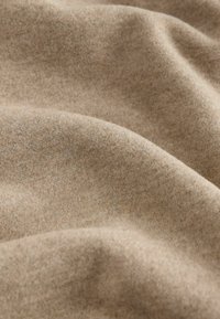 Beige wool fabric with a soft texture, featuring subtle variations in color and smooth, flowing drapes. Ideal for garments or upholstery.