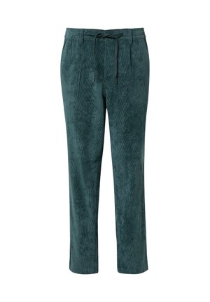 Donkerblauwe corduroy broek met een trekkoord in de taille, een voorplooi en een rechte pijp.