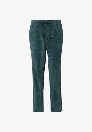 Temno zeleni kordurojski hlače z vrvico v pasu, sprednjimi pregibi in naravnim krojem nog.