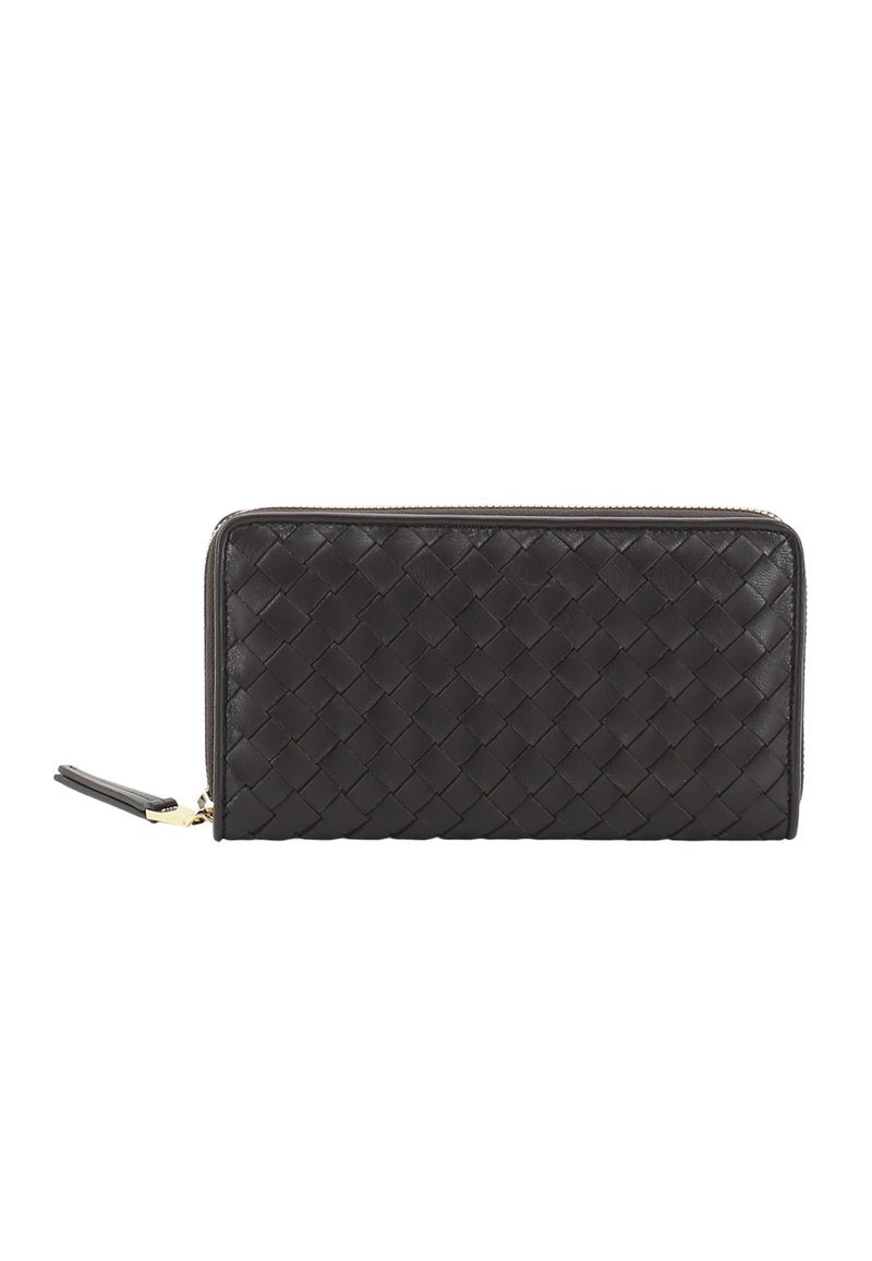 Black woven leather wallet with a zip closure. Features a textured pattern and a gold-tone zipper pull with a leather tab.
