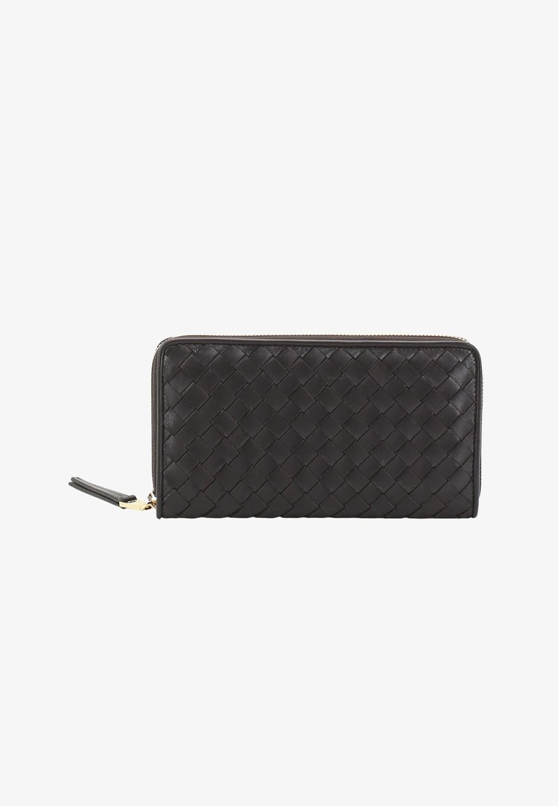 Black woven leather wallet with a zip closure. Features a textured pattern and a gold-tone zipper pull with a leather tab.