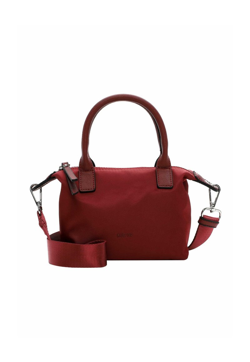 Red nylon handbag with a textured finish, two short handles, and a detachable shoulder strap. Features a zip closure and subtle branding.