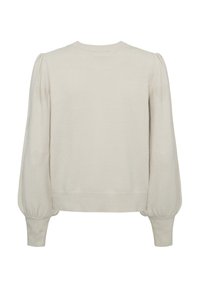 Beige pullover trui met lange, opbollende mouwen, een ronde halslijn en subtiele hartpatronen op de mouwen. Gladde brei textuur.