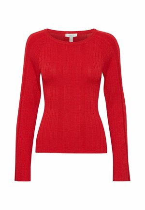 Roter gerippter Strickpullover mit langen Ärmeln und rundem Ausschnitt, der eine figurnahen Schnitt und eine weiche Textur aufweist. Keine sichtbaren Metallteile oder Muster.