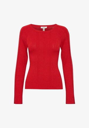 Roter gerippter Strickpullover mit langen Ärmeln und rundem Ausschnitt, der eine figurnahen Schnitt und eine weiche Textur aufweist. Keine sichtbaren Metallteile oder Muster.