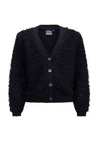 Schwarze Strickjacke mit einer strukturierten, flauschigen Oberfläche, V-Ausschnitt und Knopfverschluss mit fünf schwarzen Knöpfen. Rippbündchen und Saum.