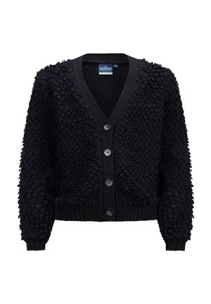 Zwarte gebreide cardigan met een gestructureerd, pluinig oppervlak, V-hals en knoopsluiting met vijf zwarte knopen. Ribgebreide manchetten en onderkant.