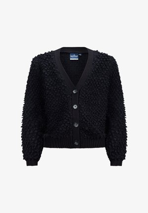 Cardigan nero lavorato a maglia con una superficie testurizzata e fluffy, scollatura a V e chiusura con cinque bottoni neri. Polsini e orlo a costine.