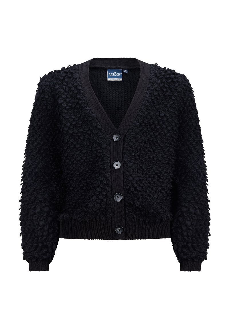 Schwarze Strickjacke mit einer strukturierten, flauschigen Oberfläche, V-Ausschnitt und Knopfverschluss mit fünf schwarzen Knöpfen. Rippbündchen und Saum.