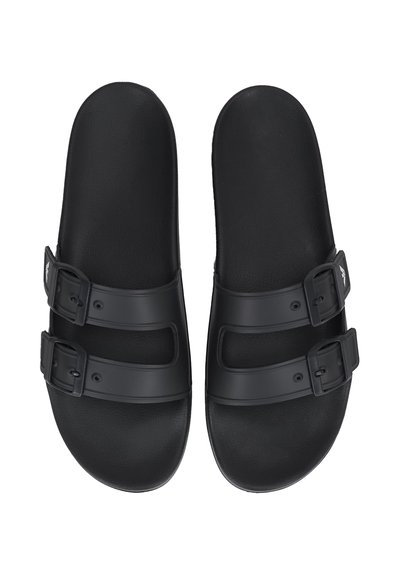 Black slide sandals with two adjustable buckle straps on each, viewed from above on a white background.