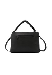 Borsa a tracolla in pelle nera con manico superiore intrecciato, tracolla regolabile e tasca frontale con zip. Texture liscia e forma rettangolare.