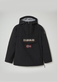 Veste noire à capuche avec fermeture éclair devant, grande poche affichant le logo Napapijri et un écusson du drapeau norvégien à l'avant.
