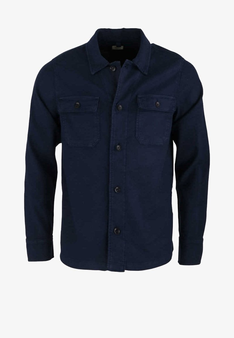 Chemise bleu marine à manches longues boutonnée, avec deux poches poitrine, poignets boutonnés et col classique.
