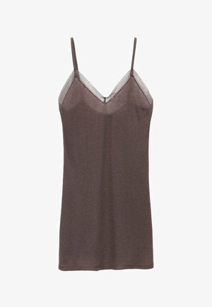 Brun camisole med tynde justerbare stropper, med V-hals og ribbet struktur. Blondeaccentuer ved halsudskæringen tilføjer detaljer.