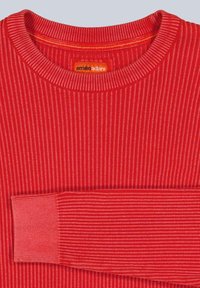 Red knitted sweater with a ribbed texture, featuring a crew neckline and contrasting inner collar. Label reads "emilio adani."