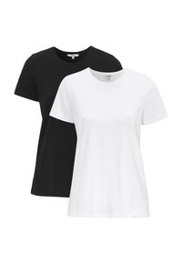 Twee t-shirts met korte mouwen, één zwart en één wit. Beide zijn gemaakt van gladde katoen met een ronde hals en een normale pasvorm.