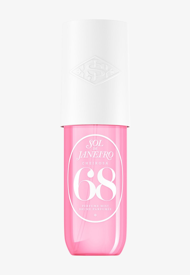 Pink klare Parfümnebel-Flasche mit der Aufschrift Sol de Janeiro Cheirosa 68 und weißem zylindrischem Deckel mit geprägtem Logo.