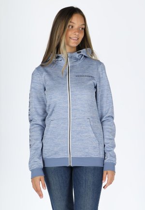 Lichtblauwe zip-up hoodie van textuurstof, met voorzakken en een capuchon met trekkoord. Kenmerkt een logo op de borst en ribbelmanchetten.