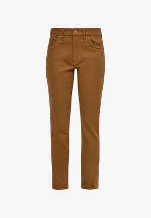 Brown denim pants with a slim fit, mid-rise waist, two front pockets, and a single button closure. Smooth texture and solid color.