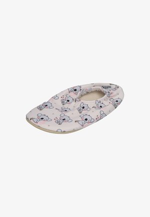 Light pink slipper featuring a koala pattern, elasticized opening, soft fabric upper, and a beige sole. Ideal for indoor use.