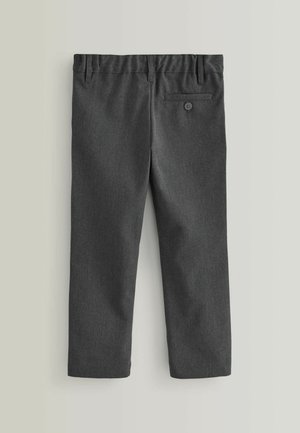 Gray trousers made of textured fabric, featuring a back pocket with a button, straight leg design, and a waistband with belt loops.