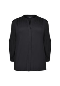 Czarna bluzka o miękkiej teksturze, z długimi bufkami, dekoltem w serek i centralnym zapięciem na guziki. Wykonana z lekkiego materiału.