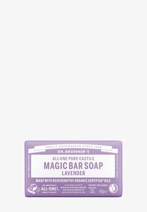 Dr. Bronner’s lavender Magic Bar soap, 140g, pure Castile, made with regenerative organic oils, for body, face, and hands, certified fair trade.