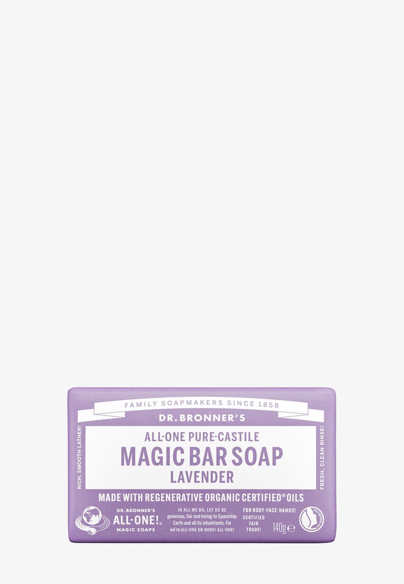 Dr. Bronner’s lavendel Magic Bar såpe, 140 g, ren Castile, laget med regenerative økologiske oljer, for kropp, ansikt og hender, sertifisert fair trade.