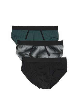 Drie herenboxers opgestapeld, kleuren van boven naar beneden: donkergroen, grijs met zwarte strepen en effen zwart, allemaal met zwarte taillebanden.