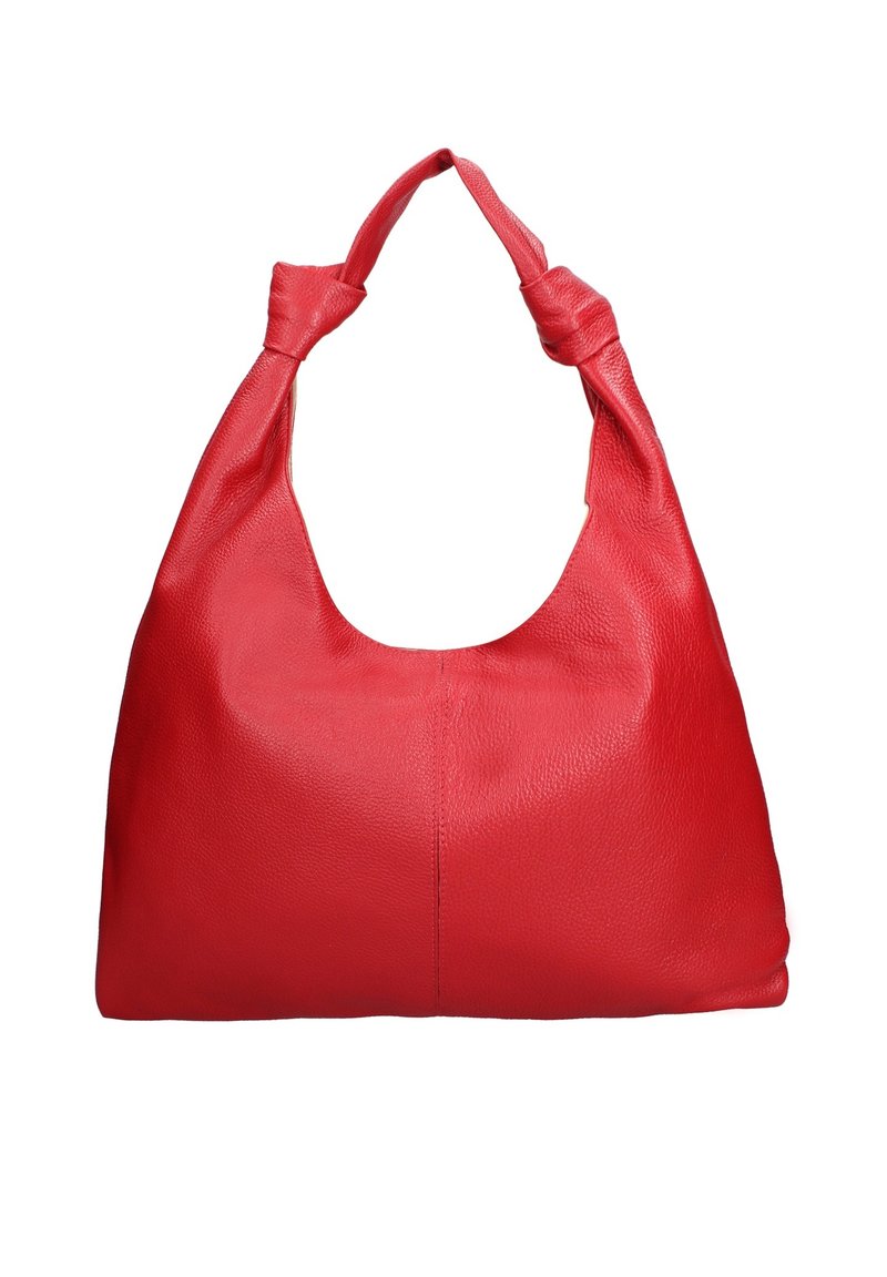 Rode leren hobo-tas met een gladde textuur, voorzien van twee geknoopte schouderriemen en een relaxte vorm. Geen zichtbare hardware of patronen.