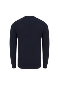 Granatowy sweter z długim rękawem o prążkowanej fakturze, okrągłym dekolcie i obszytych mankietach. Bez widocznego logo ani wzorów.