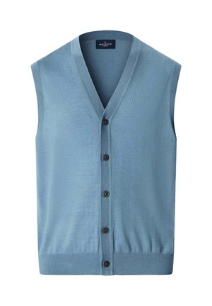 Lichtblauwe mouwloze gebreide spencer met knopen, een V-hals en vijf zwarte knopen aan de voorkant, gelabeld Hackett London.