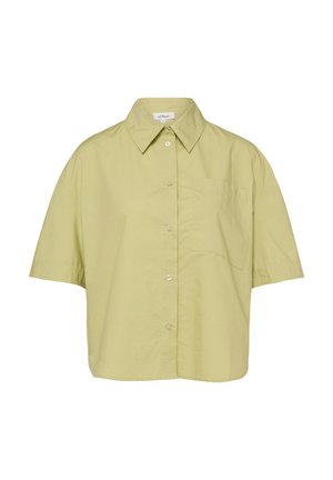 Kurzärmeliges, hellolivgrünes Hemd mit Knopfleiste, Brusttasche und spitzem Kragen.