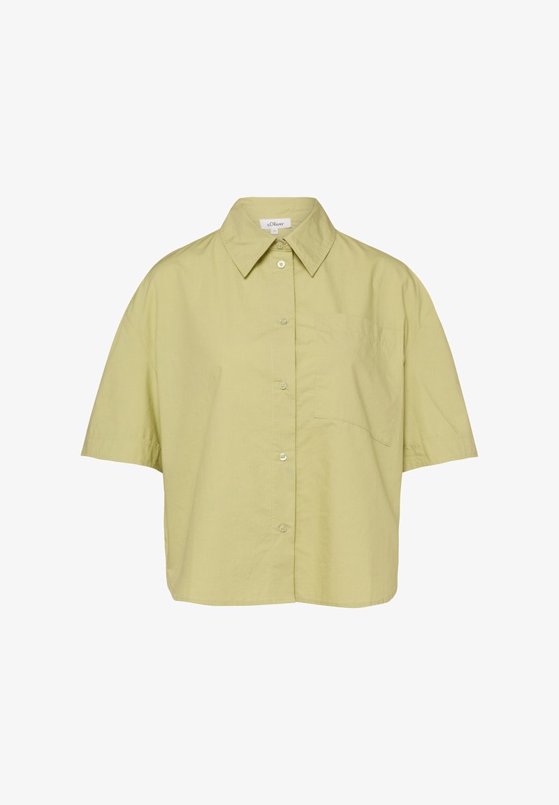 Chemise à manches courtes vert olive clair avec boutons, poche poitrine et col pointu.