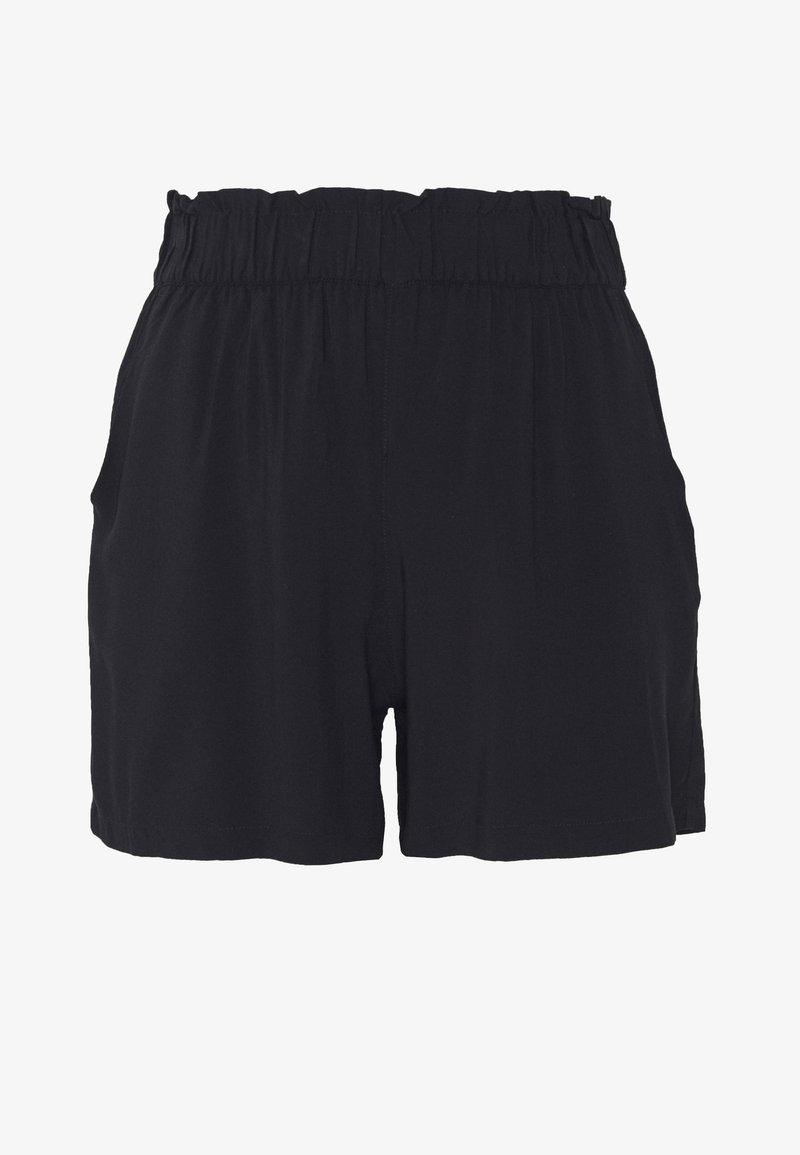 Shorts noirs taille haute avec une ceinture élastique froncée et des poches latérales, fabriqués en tissu léger.