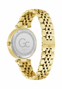 Ceas din oțel inoxidabil aurit, cu carcasă rotundă, cadran argintiu și brățară cu verigi, având finisaje lustruite și periate.