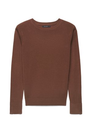 Long-sleeve woman's brown crew neck sweater with ribbed cuffs and hem, labeled Calliope size small.