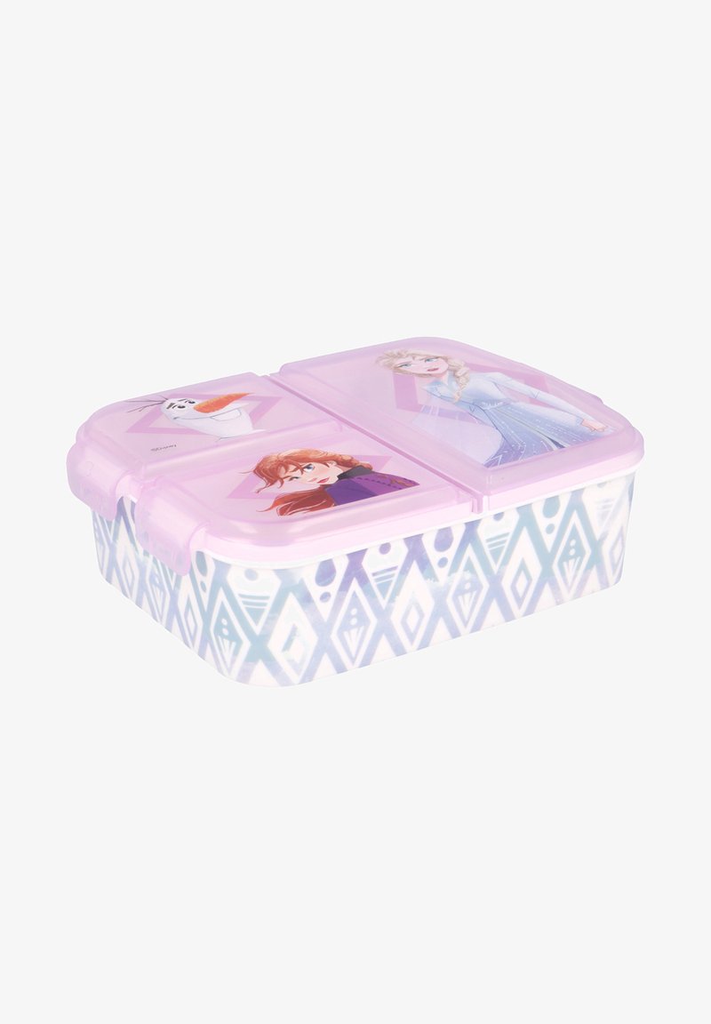 Boîte à lunch en plastique avec un couvercle rose, présentant des personnages et des motifs géométriques en bleu et blanc. Intérieur divisé pour un rangement compartimenté.
