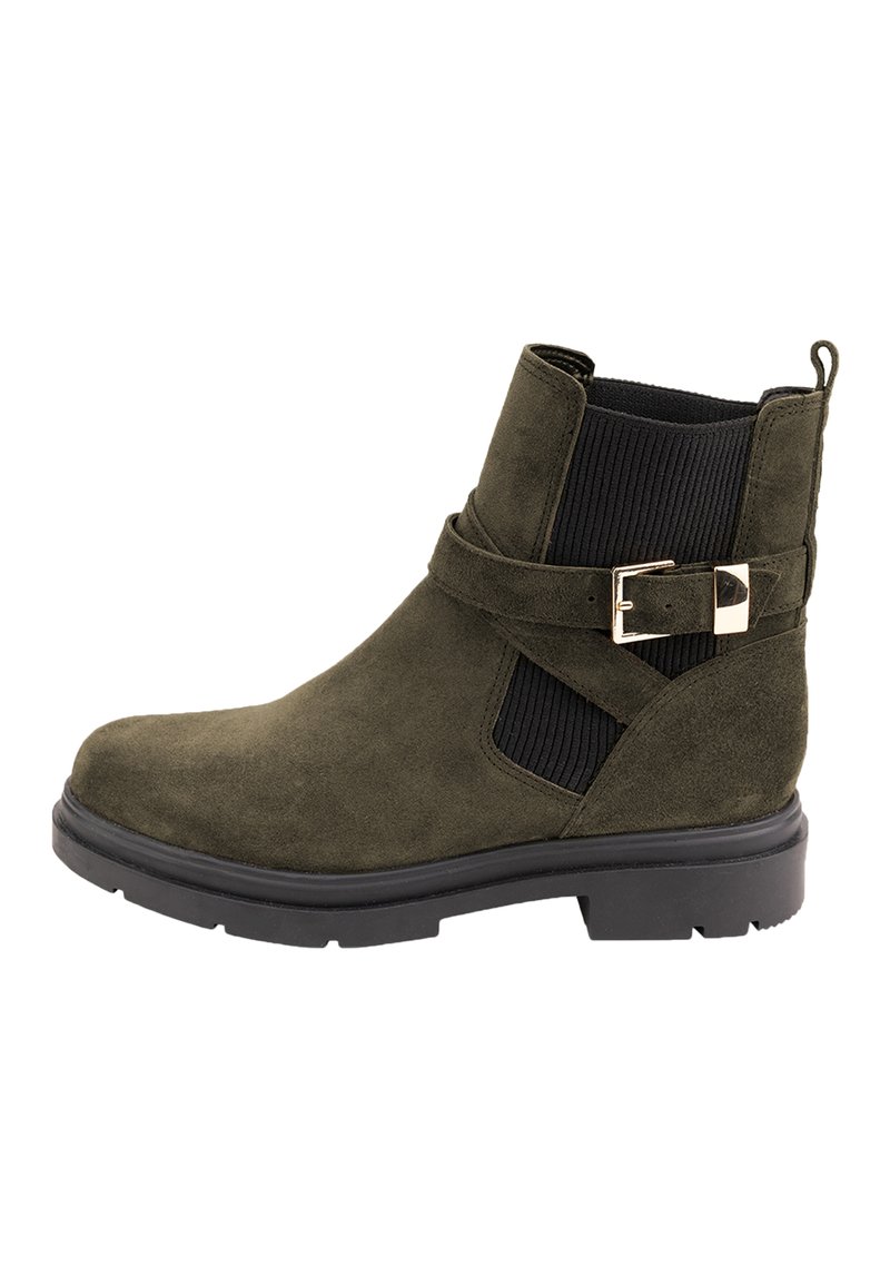 Olive green suede ankle boot with a black elastic side panel and gold buckle detail. Features a chunky black sole and smooth texture.