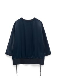 Marineblaues Satin-Sweatshirt mit 3/4-Ärmeln, gerippten Bündchen und Kordelzugsaum. Glatte Textur mit einem lockeren Schnitt und subtiler Ausstrahlung.