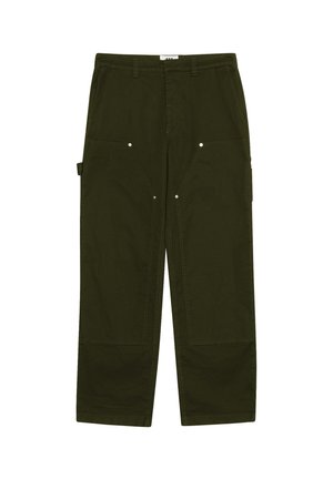 Olivgrüne Cargo-Hosen aus Baumwolle. Verfügt über große Fronttaschen, Druckknopfverschlüsse und ein gerades Bein Design mit sichtbaren Nähten.