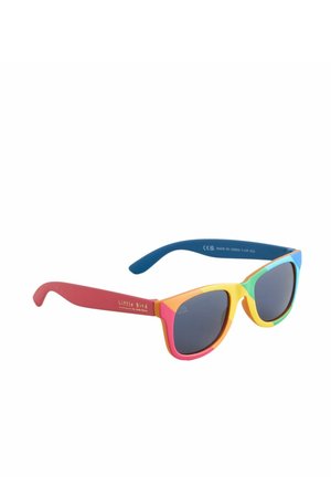 Kindersonnenbrille mit dunklen Gläsern und einem bunten Rahmen in Rot, Orange, Gelb, Grün und Blau, mit der Aufschrift "Little Bird".