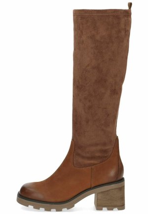 Brown knee-high boots featuring a suede upper, a rounded toe, and a textured block heel, with a smooth leather lower section.