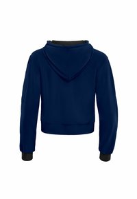 Marinblå kort hoodie med framficka, dragsko på huvan, ribbad mudd och en mjuk yta. Ingen synlig logotyp eller mönster.