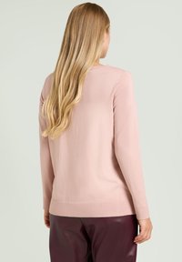 Maglione rosa chiaro con maniche lunghe, orlo a coste e texture liscia, indossato con pantaloni bordeaux scuro. Vista posteriore.