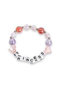 Bracciale di perline con perline tonde e triangolari colorate, tra cui rosa, viola e trasparente. I blocchi formano la parola "PRINCESS" in lettere nere.
