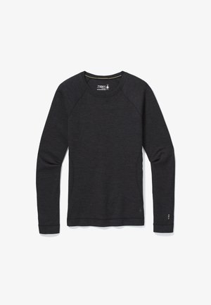 Donkergrijze lange mouw crewneck sweater gemaakt van zachte stof. Heeft raglanmouwen en een subtiel logo op de zoom met kleuraccenten.