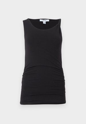 Débardeur noir sans manches avec fronces et encolure ronde, présenté sur fond blanc avec l'étiquette Topshop visible à l’intérieur du col.